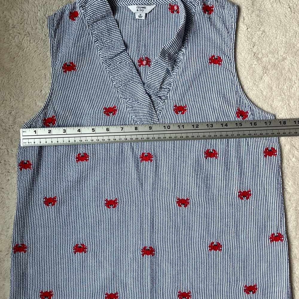 crown & ivy Blue and White Striped Sleeveless Blouse with Red Crab Embroidery - Picture 6 of 8